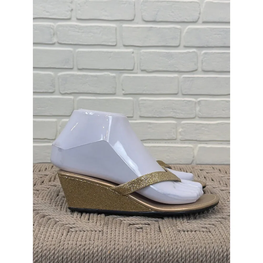 Montego Bay Club Glitter Wedge Sandals Gold Thong Size 5